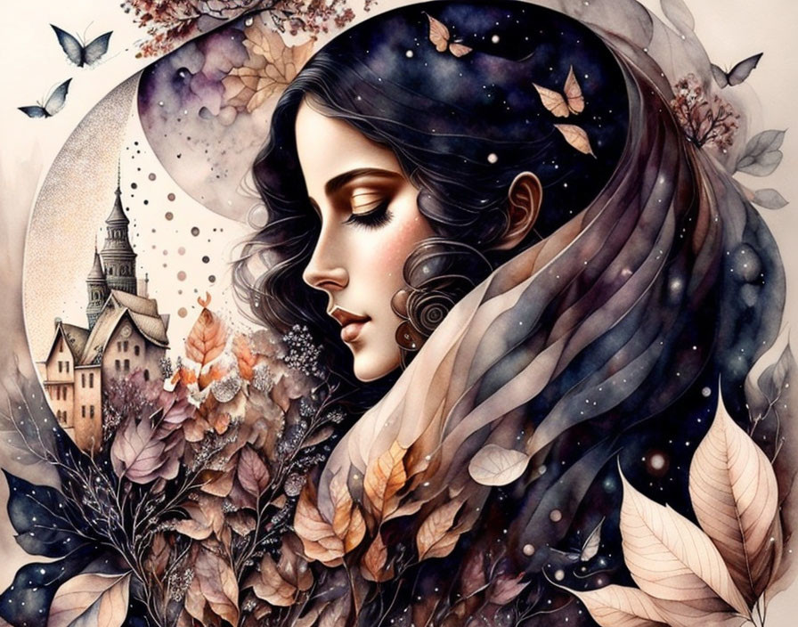 Illustrated woman with flowing hair in autumnal scene with castle and starry sky