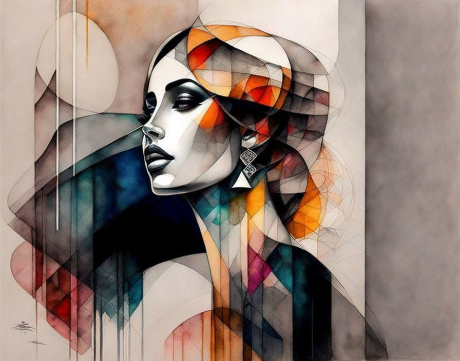 Abstract geometric watercolor portrait in orange, gray, and beige tones