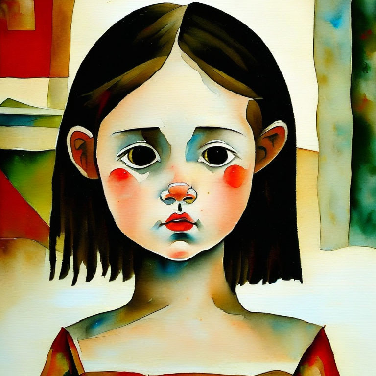 Stylized painting: Young girl with large eyes and bobbed hair on abstract background