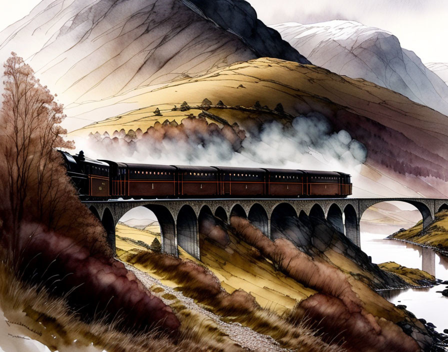 Vintage steam train crossing stone arch bridge in scenic landscape with mountains, trees, and river