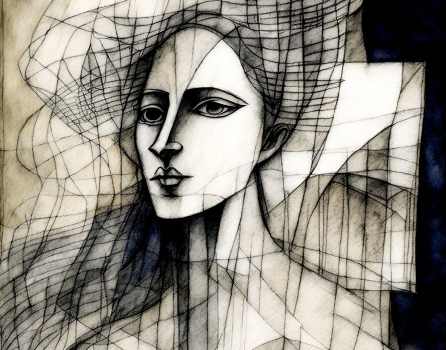 Abstract Cubist-Style Black and White Woman's Face Drawing