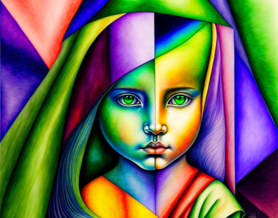 Vibrant abstract portrait with colorful segmented face and green eyes