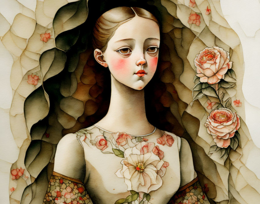 Illustrated portrait of girl with large expressive eyes and rose motifs, featuring a melancholic expression and vintage