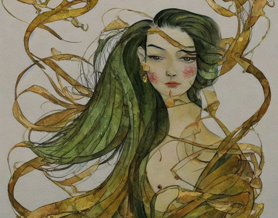 Illustration: Woman with Long Green Hair and Golden Vines on Pale Background