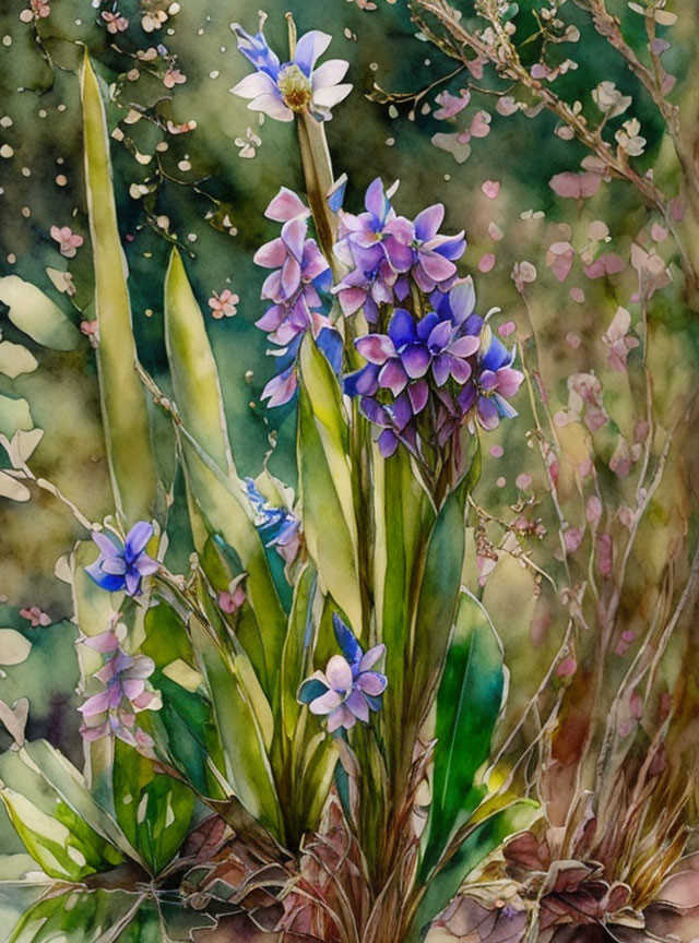 Vibrant Blue and Purple Flowers in Watercolor Painting