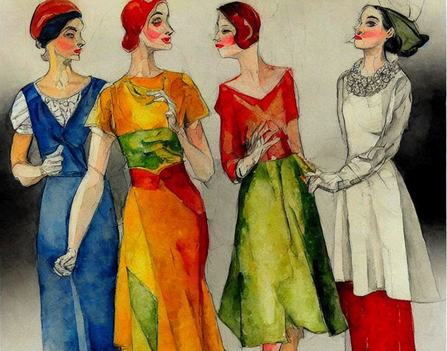 Vintage-style fashion illustrations of women in colorful dresses with red lipstick conversing gracefully