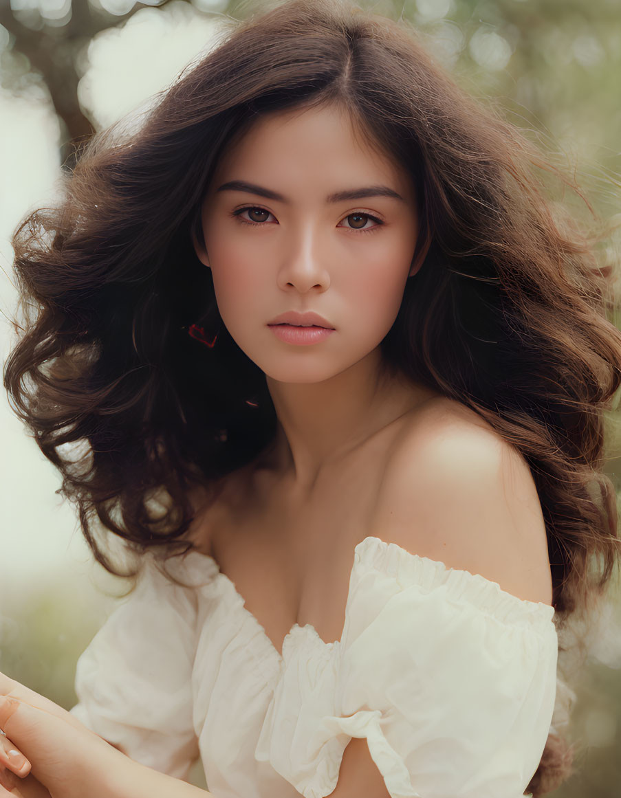 Portrait of Woman with Voluminous Wavy Hair and Intense Gaze