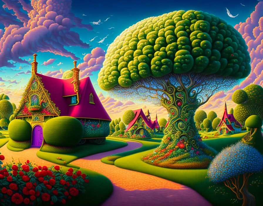 Colorful Houses and Lush Tree in Vibrant Landscape