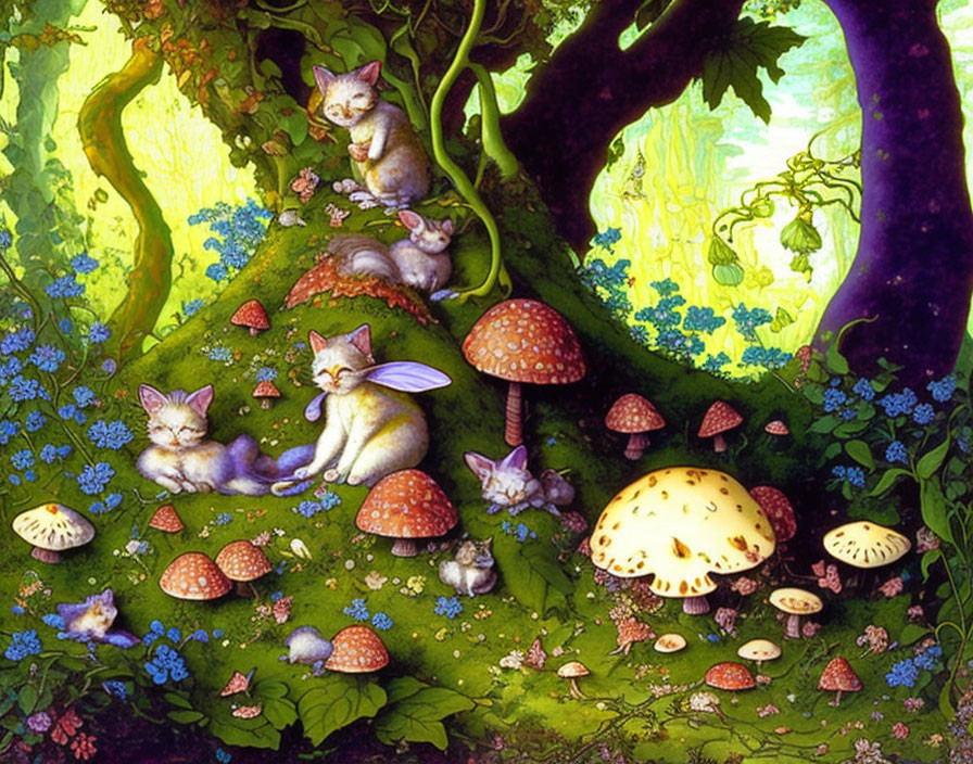 Colorful Cats Relaxing Among Oversized Mushrooms and Flowers Under Tree