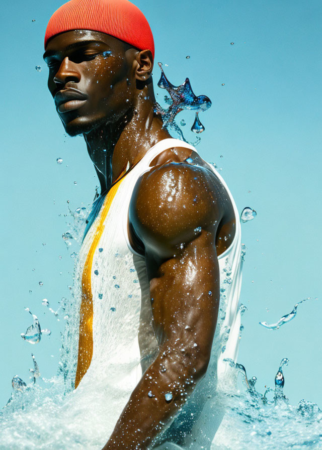 Muscular man in red cap with splashing water on blue background