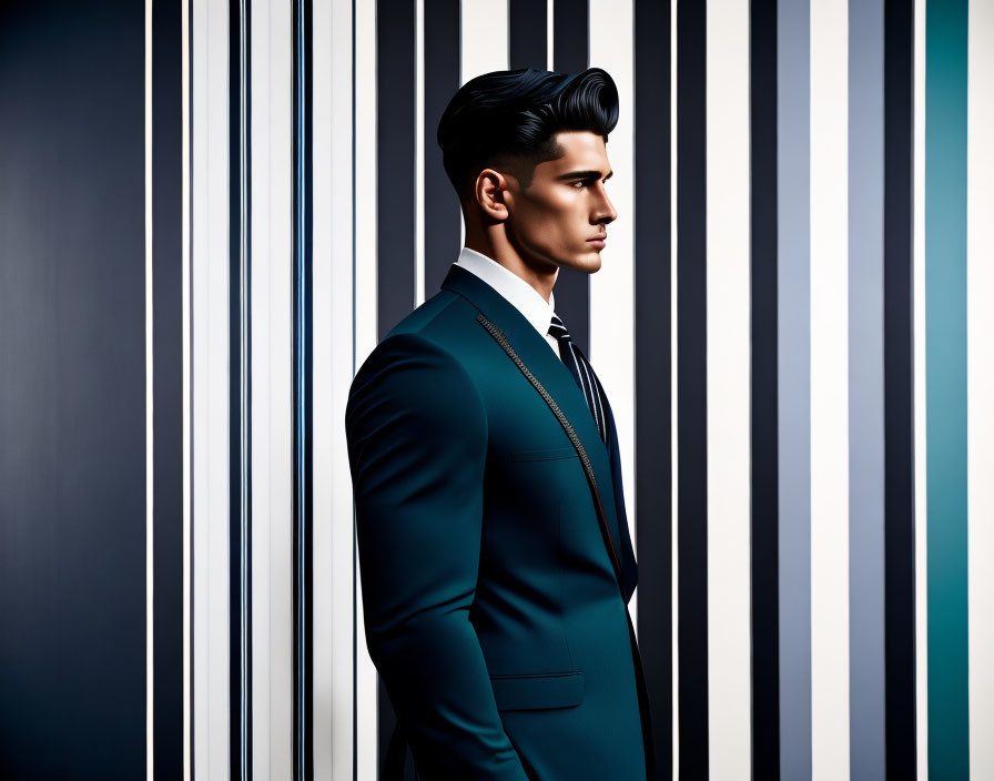 Man in Dark Teal Suit with Slick Hairstyle on Striped Background