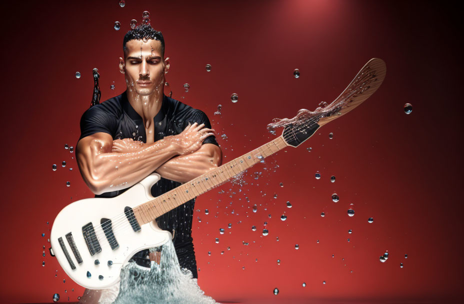 Man Playing Electric Guitar with Wet Hair in Water Splash on Red Background