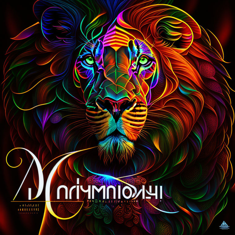 Colorful Lion Face Illustration with Neon Hues and Symmetrical Patterns