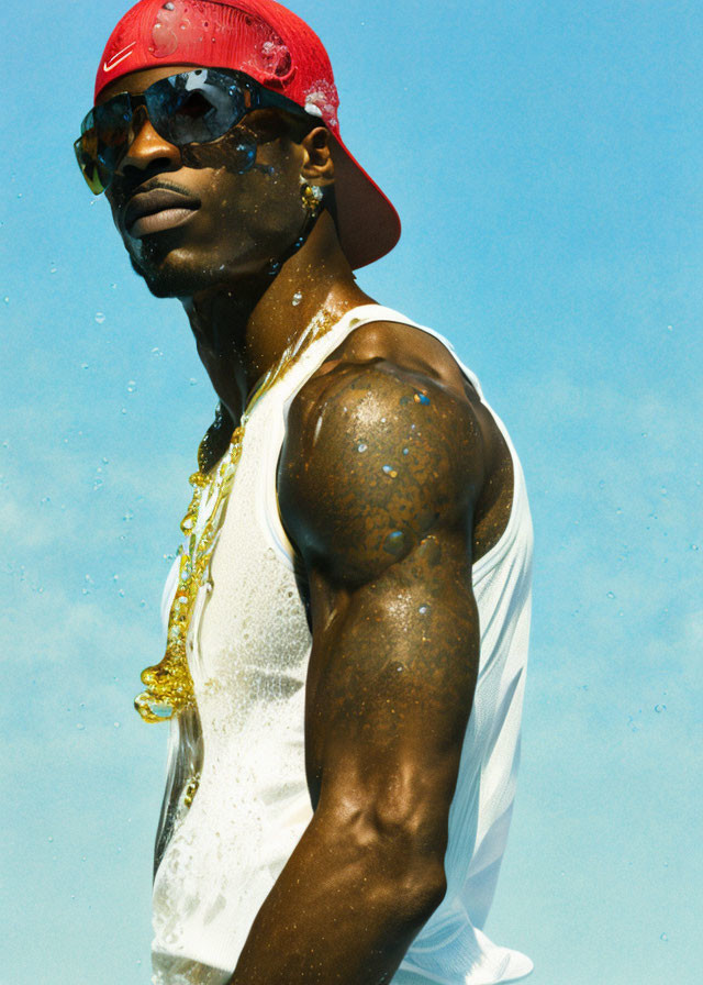 Man in Sunglasses and Red Cap Wearing Gold Necklaces on Blue Background