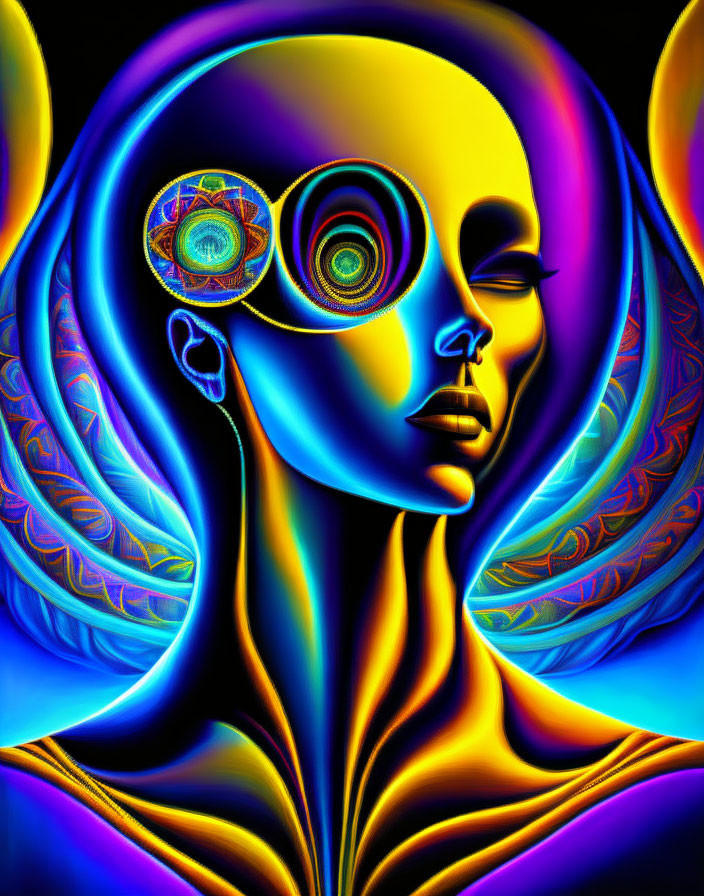 Colorful digital artwork with neon portrait and psychedelic patterns