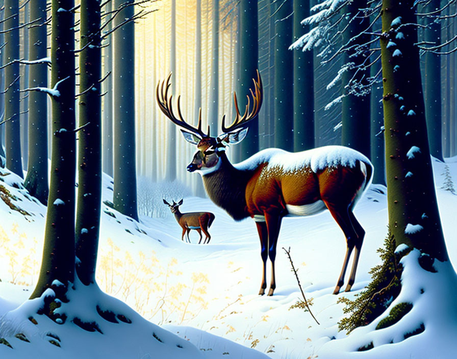 Majestic stag and fawn in snowy forest with sunlight and shadows