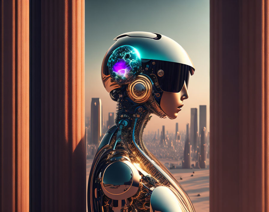 Futuristic robot with human-like face gazes at cityscape through window