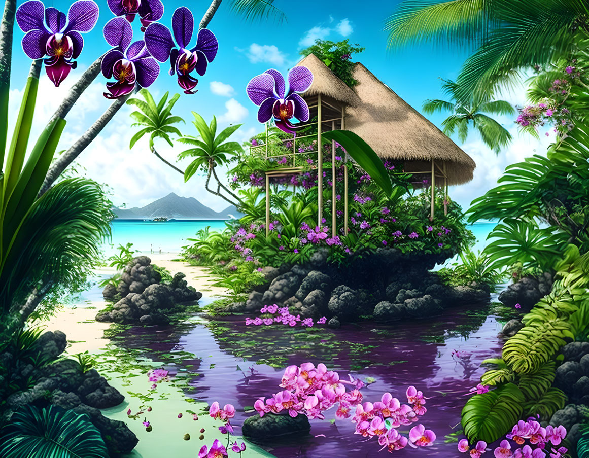 Tropical paradise with vibrant purple flowers, thatched hut, lush greenery, serene lagoon,