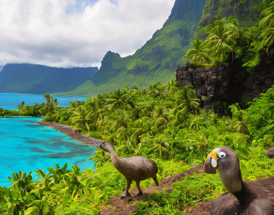 Tropical Island Landscape with Greenery, Blue Lagoon, and Dodo Bird