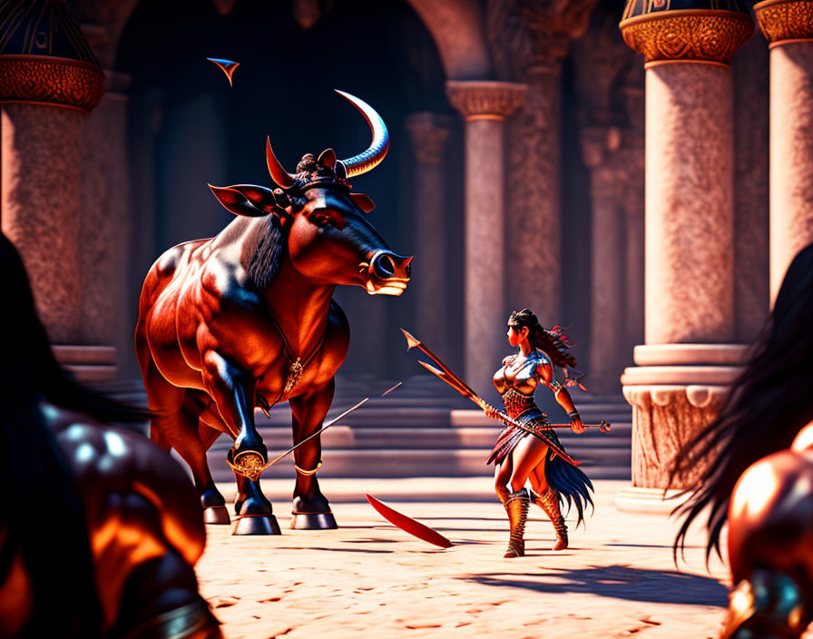 Warrior woman with bow confronts giant bull in grand arena