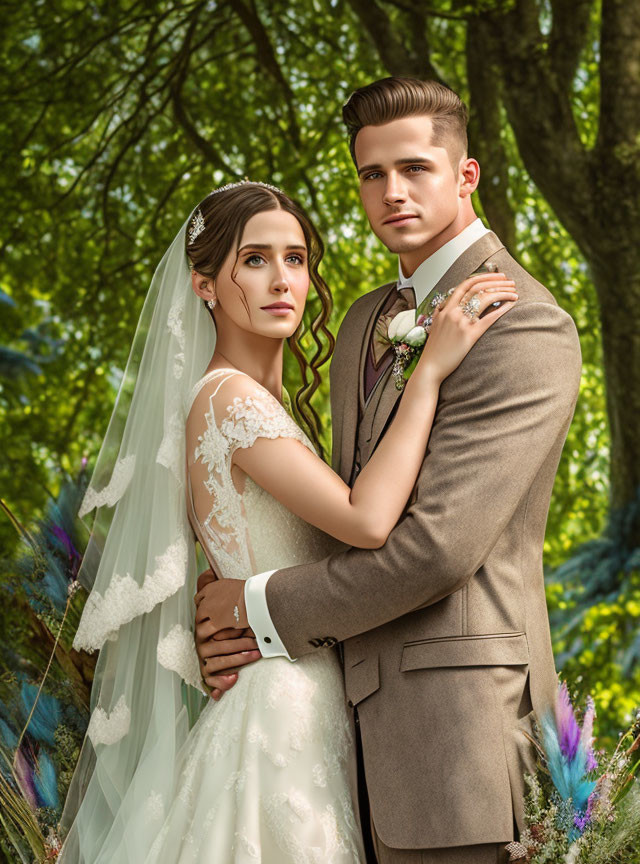 Bride and Groom Embrace Under Green Leaf Canopy