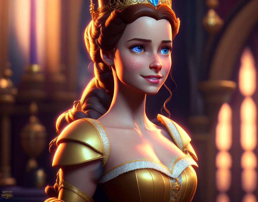 Blue-eyed princess in golden crown and armor smiles in castle setting