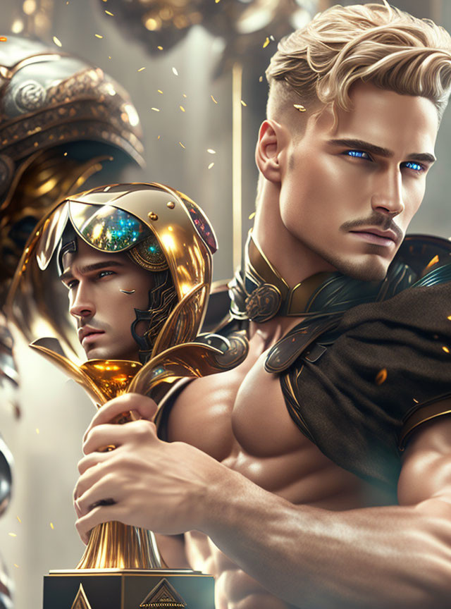 Stylized futuristic male warriors in golden armor and helmets with spear on glittering backdrop