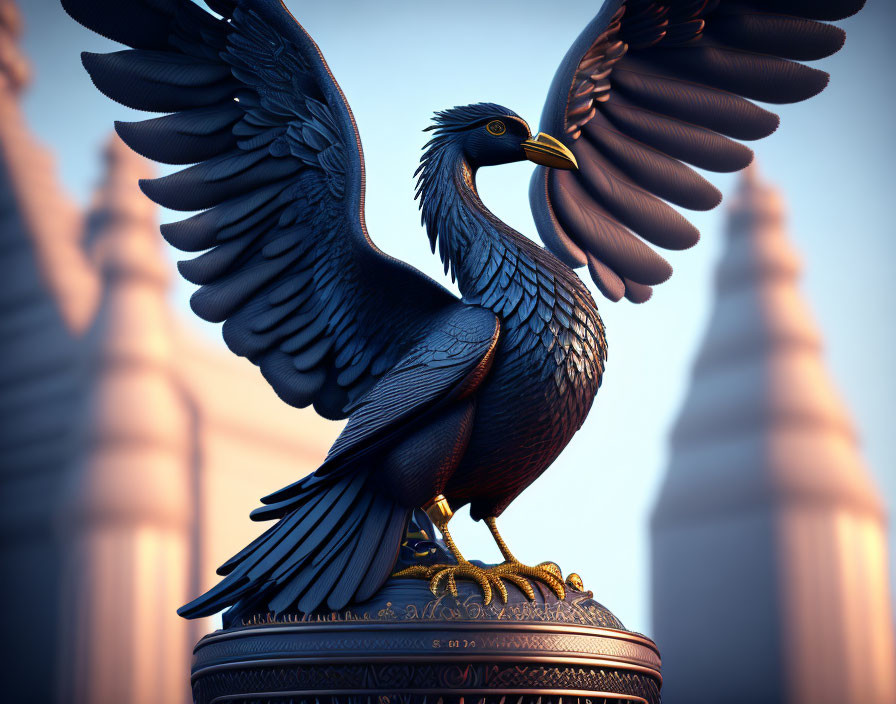 3D illustration of black phoenix on ornate pedestal against blurred spires