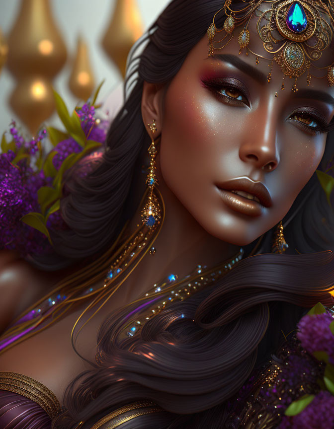 Portrait of a woman with intricate jewelry and violet flowers in warm lighting