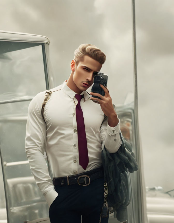 Stylish man in white shirt and tie taking selfie with styled hair by reflective surface