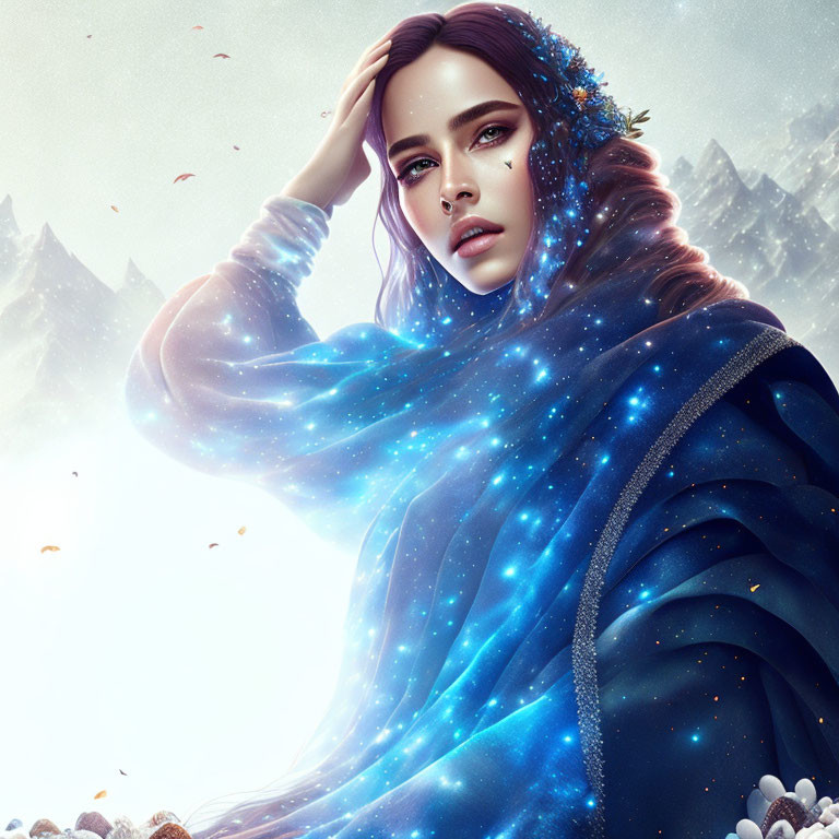 Cosmic-themed makeup on woman with starry night cloak in snowy mountain setting