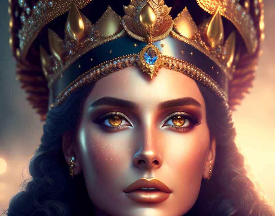 Woman wearing regal crown with gold and blue gemstone, striking eyes, starry complexion