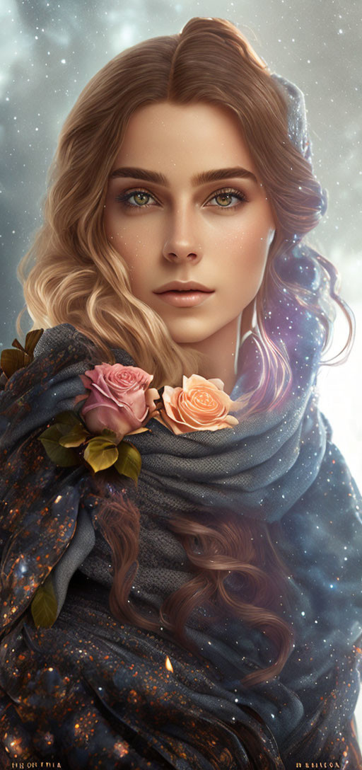 Digital Illustration: Woman with Galaxy Hair, Green Eyes, Roses, and Starry Shawl