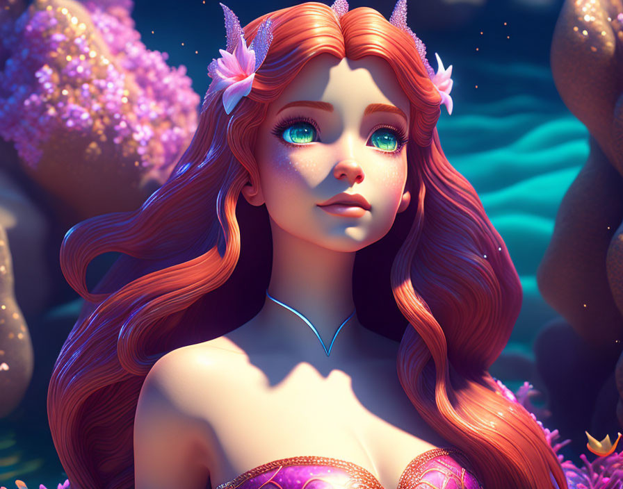 Fantasy mermaid digital artwork with red hair and blue eyes