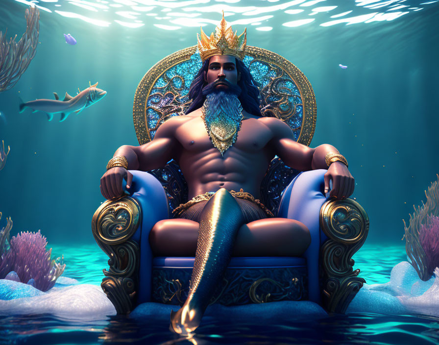 Bearded Merman King with Golden Crown and Trident Tail on Underwater Throne