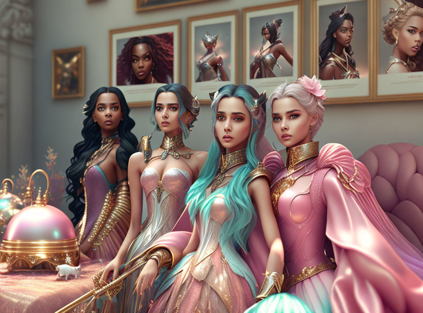 Five animated female characters in luxurious fantasy attire with distinctive hairstyles in an opulent room.