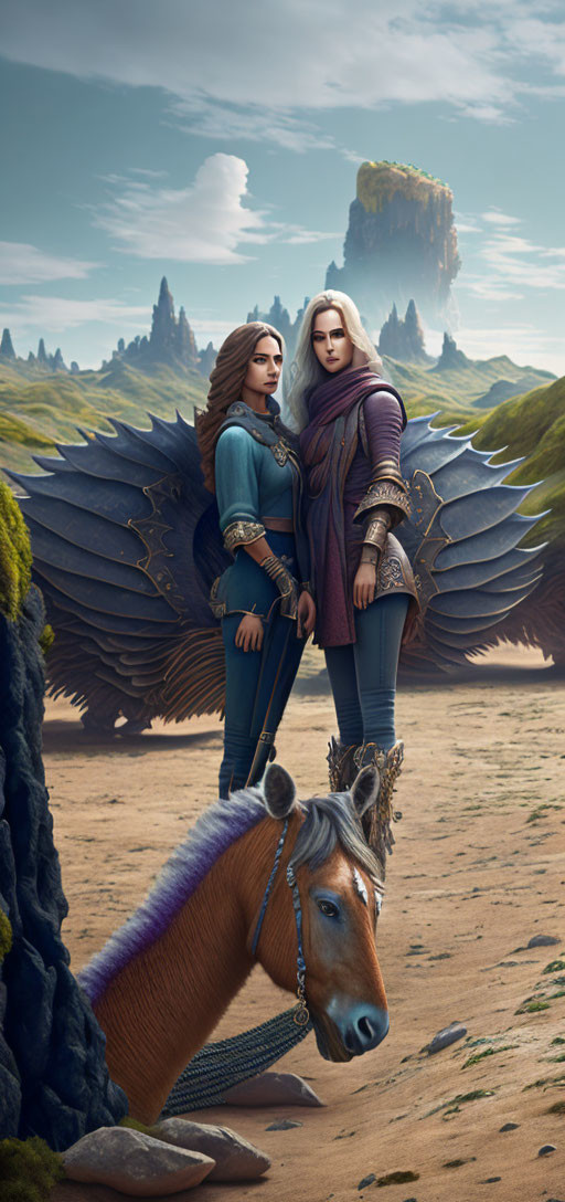 Fantasy Characters with White and Brown Hair Standing with Winged Horse