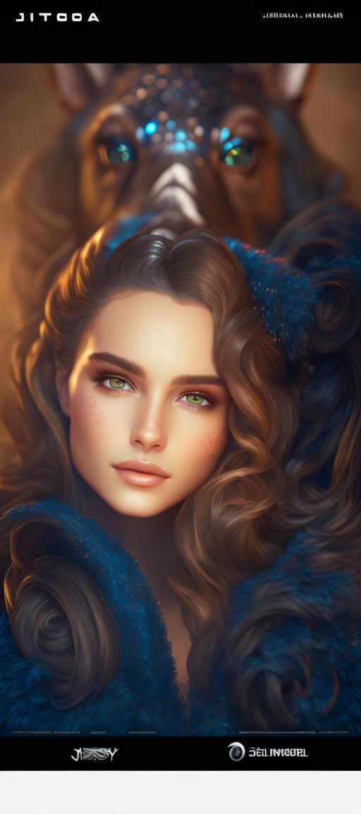 Woman with wavy hair and blue fur clothing in digital artwork.