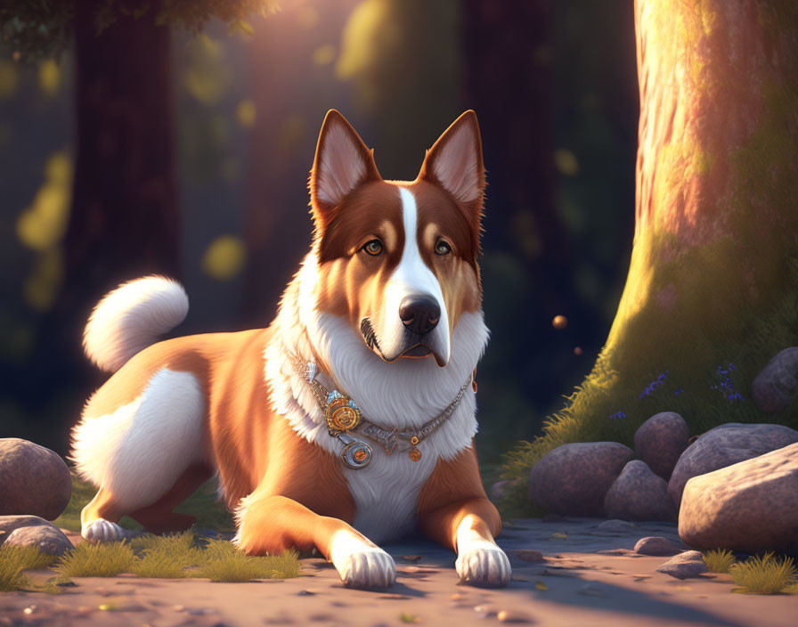 Regal Corgi Dog in Forest Sunlight with Stones and Purple Flowers