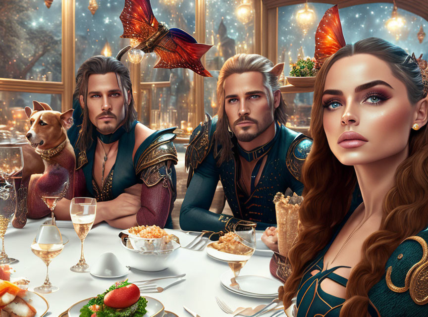 Fantasy characters and dog at banquet table with magical cityscape view