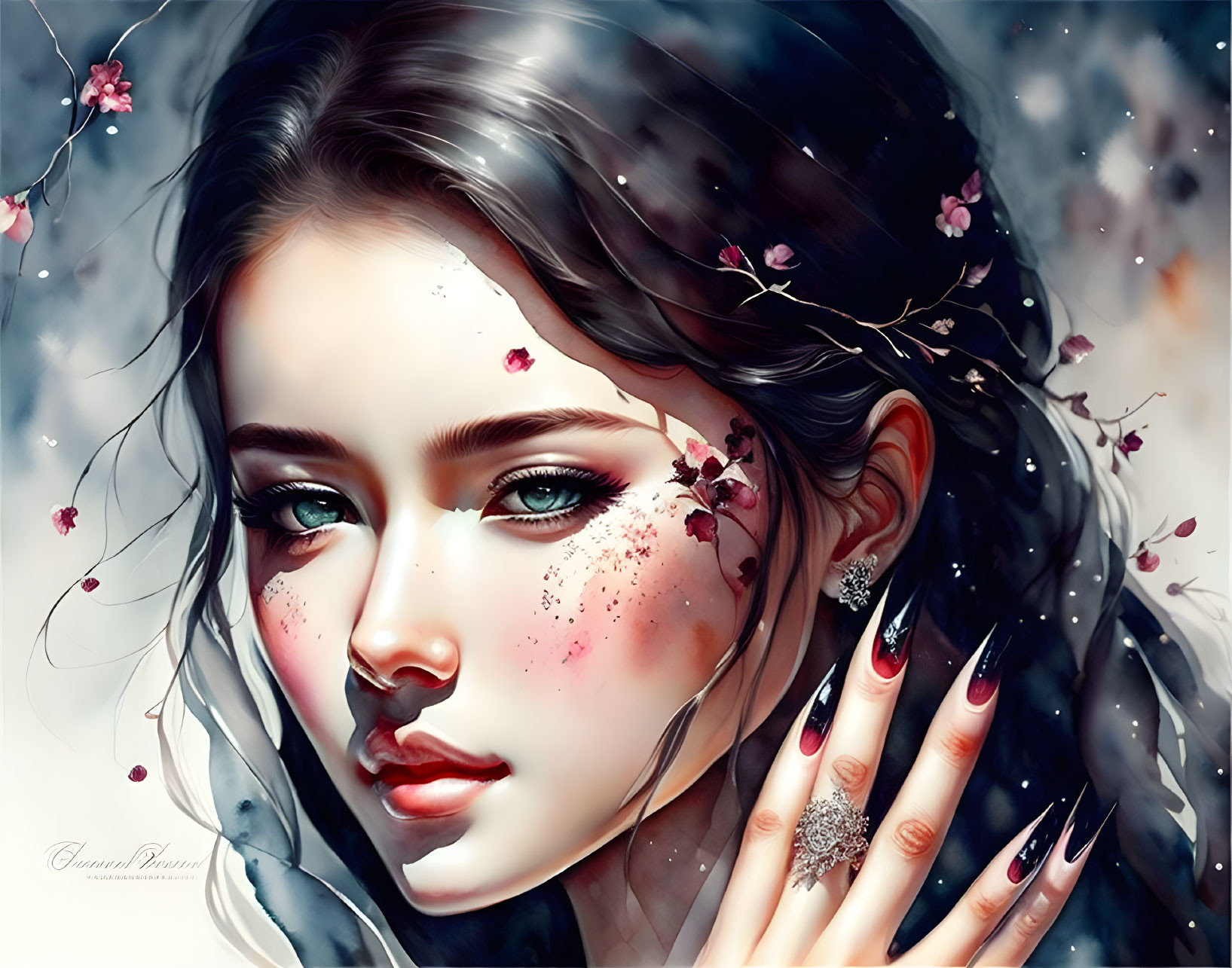 Illustrated portrait of woman with dark hair, pink blossoms, blue eyes, and petals on snowy