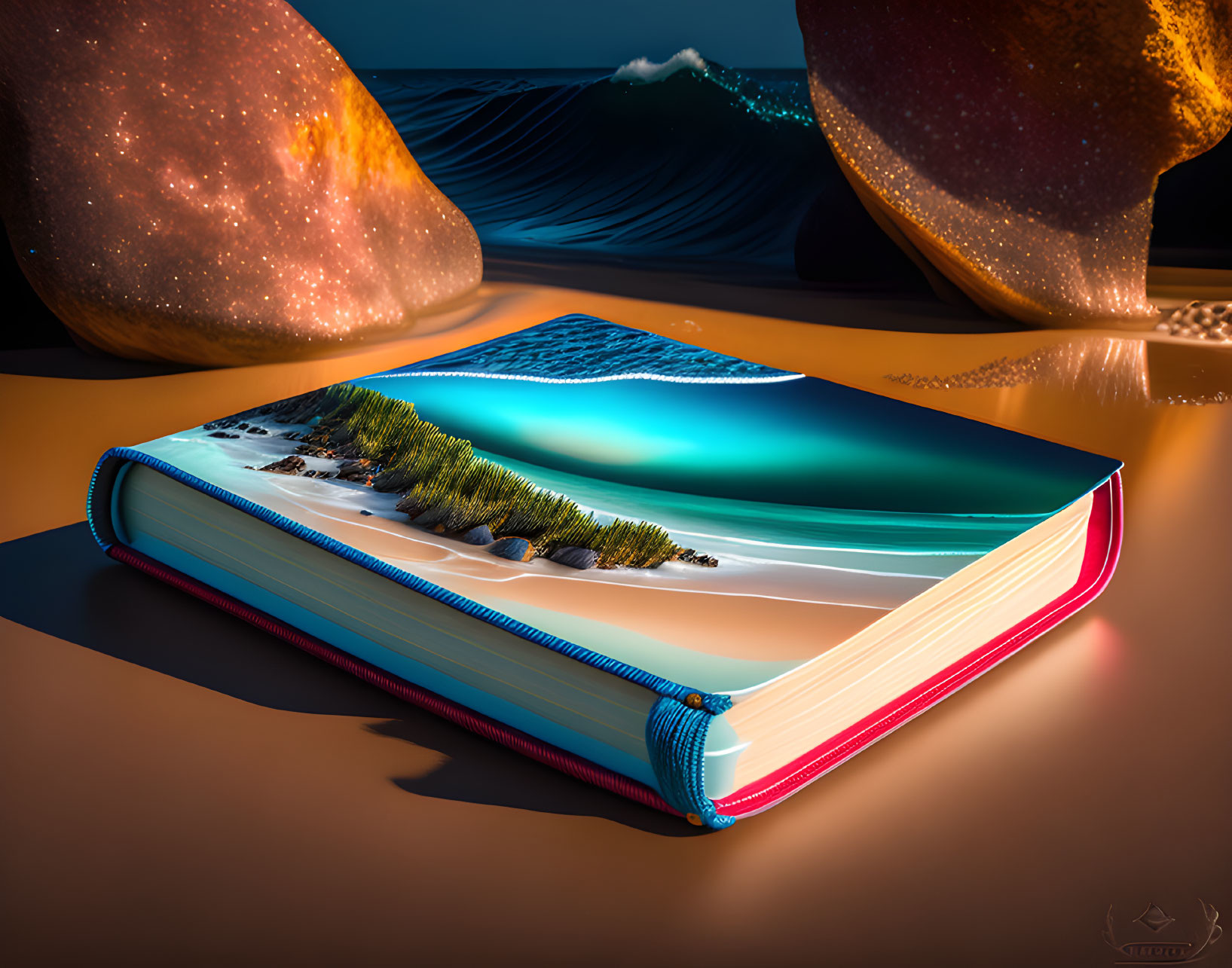 Surreal book pages create ocean wave and beach under twilight sky