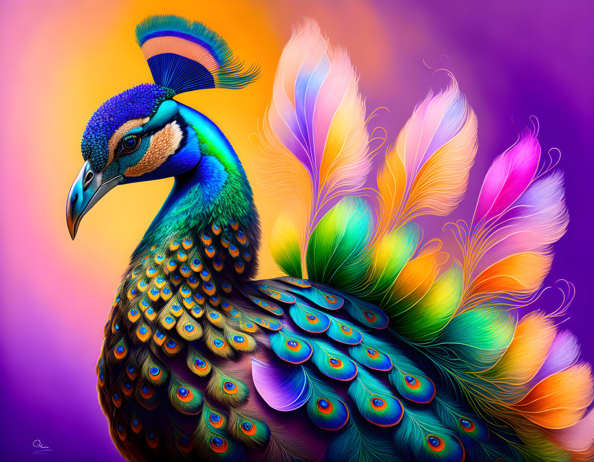 Colorful Peacock Artwork with Rich Blues, Greens, and Oranges