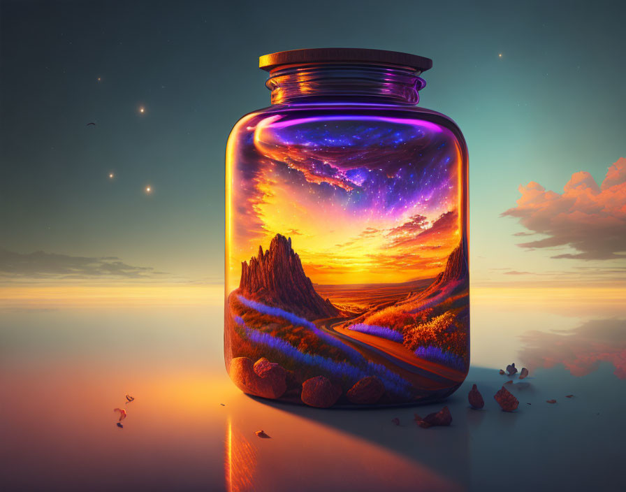 Glass jar captures vibrant sunset scene with winding road between cliffs under starry sky and serene water backdrop