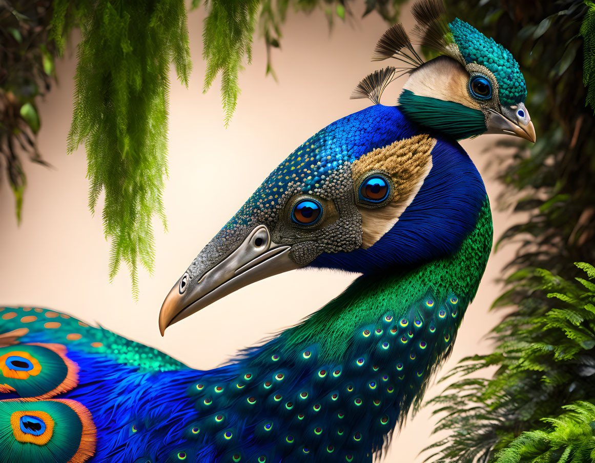 Vividly colored peacock with blue and green plumage in natural setting