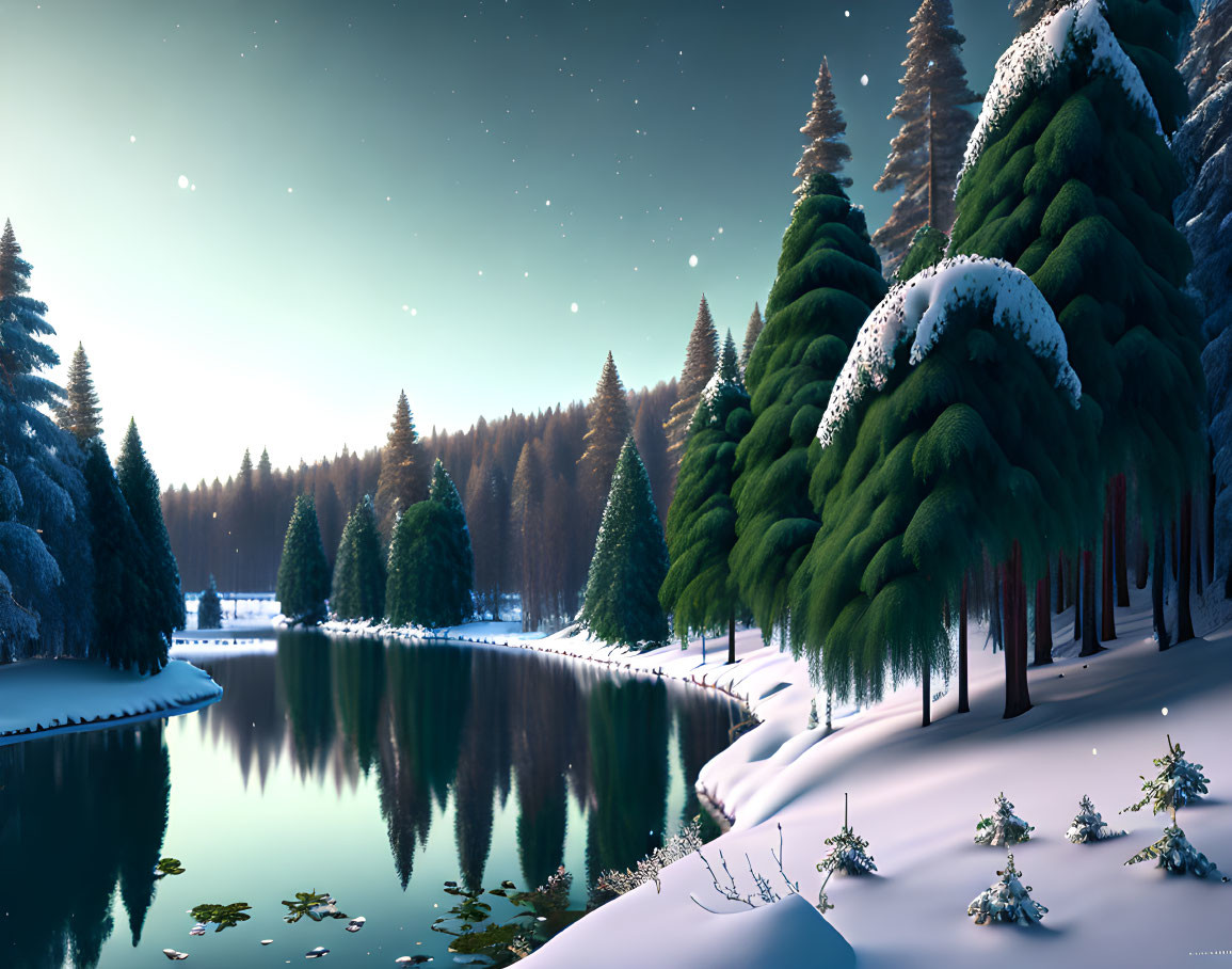 Snow-covered pine trees in serene winter landscape with tranquil river and starry night sky.