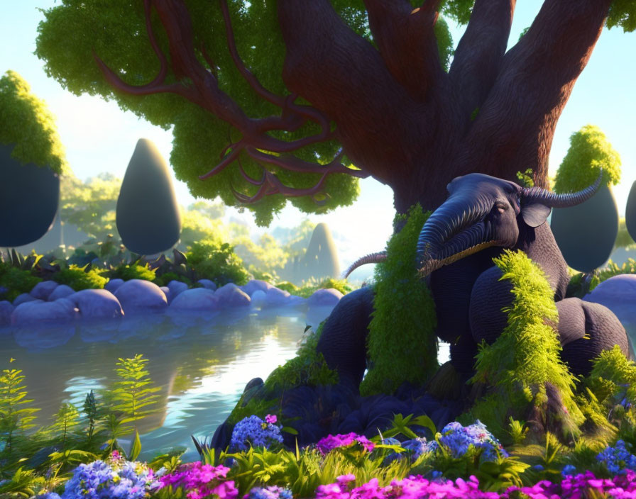 Tranquil river scene with animated elephant and lush greenery