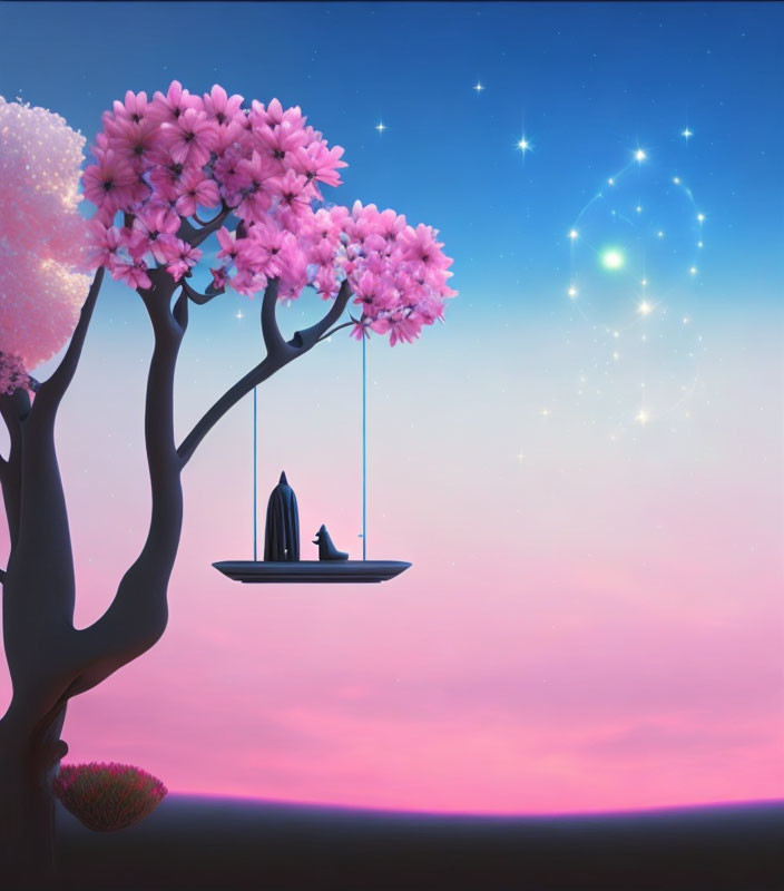 Person on swing under pink cherry blossom tree in surreal starry sky