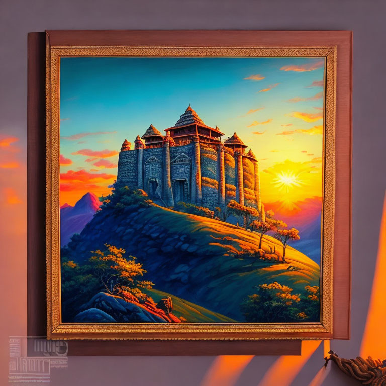 Majestic fortress on hill with sunset backdrop painting displayed on wall