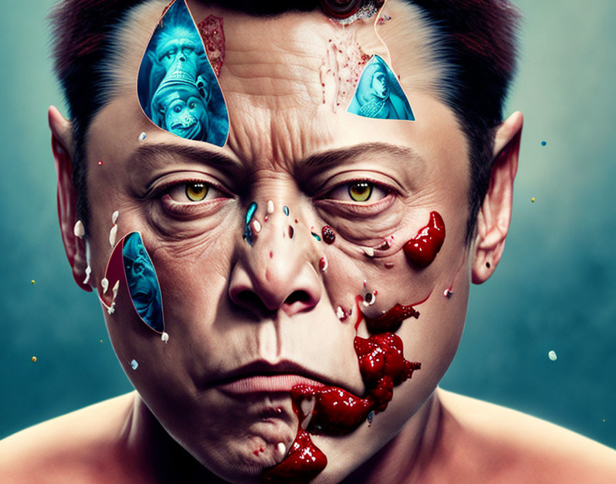 Surreal portrait of person with fractured face and smaller faces within, against plain background with red liquid